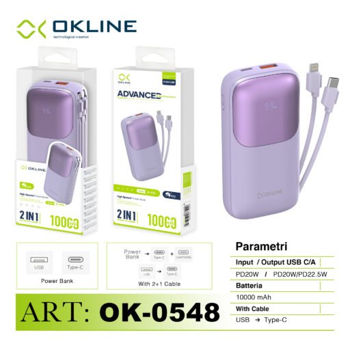 Art.Ok-0548 Okline Power Bank High Speed 10000Mah Usb Type-C 22.5W E Type-C Iphone Lightning Viola