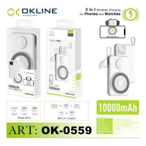 Art.Ok-0559 Okline Power Bank 10000Mah Con Uscita Usb Type-C E Wireless Bianco Pb47