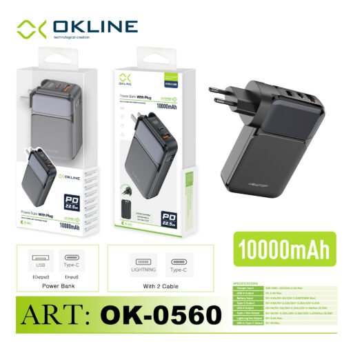 Art.Ok-0560 Okline Black Power Bank With Plug 10000Mah