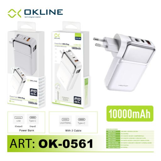 Art.Ok-0561 Okline White Power Bank With Plug 10000Mah