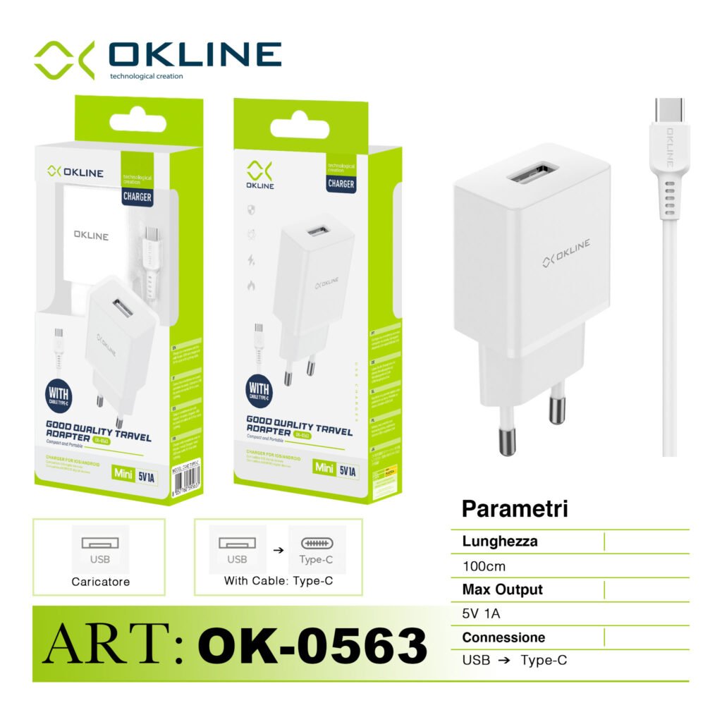 Art.Ok-0563Tc Okline Caricatore Usb Da Muro 5V1A Cavo Type-C Bianco