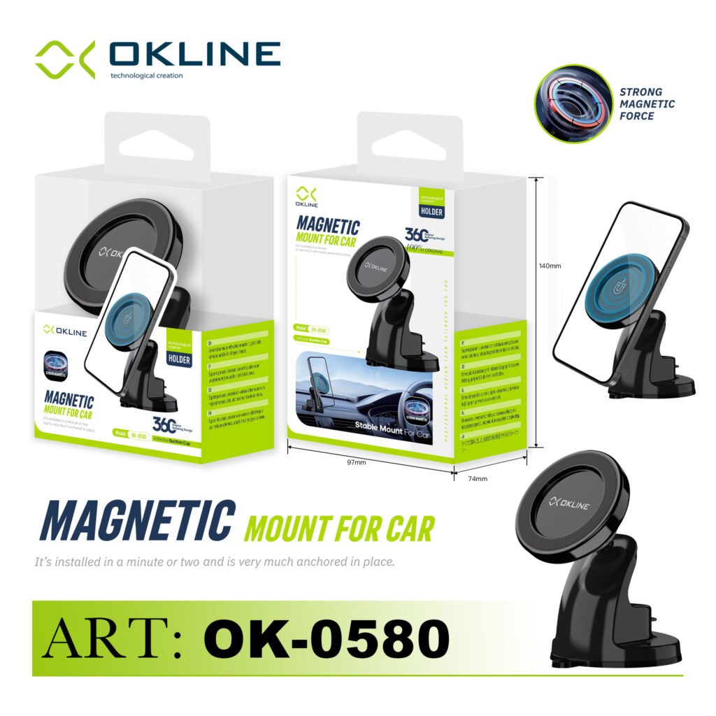 ART.OK-0580 OKLINE GIREVOLE 360 MAGNETICO SUPPORTO VENTOSA DEL TELEFONO AUTOMOBILE NERO