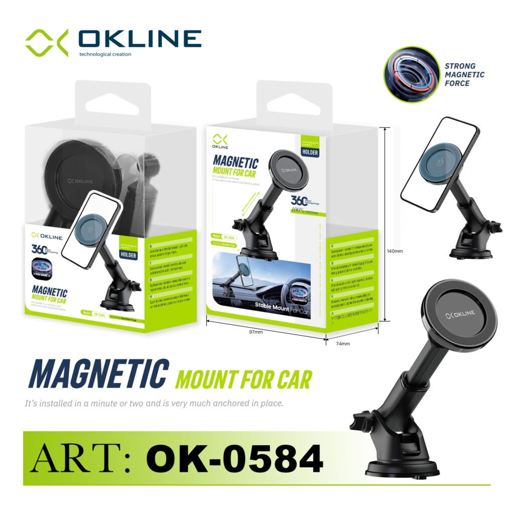 ART.OK-0584 OKLINE GIREVOLE 360 MAGNETICO SUPPORTO VENTOSA DEL TELEFONO AUTOMOBILE NERO