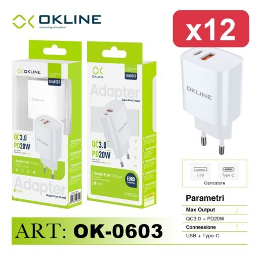 OKLINE CARICATORE 2OUT USB 3.0/TYPE-C20W