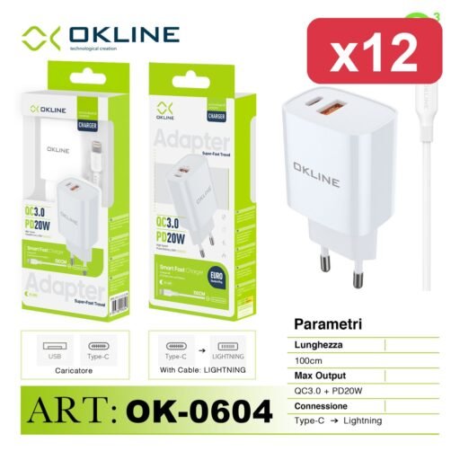 OKLINE CARICATORE QC3.0-PD20W+CAVO LIGHT