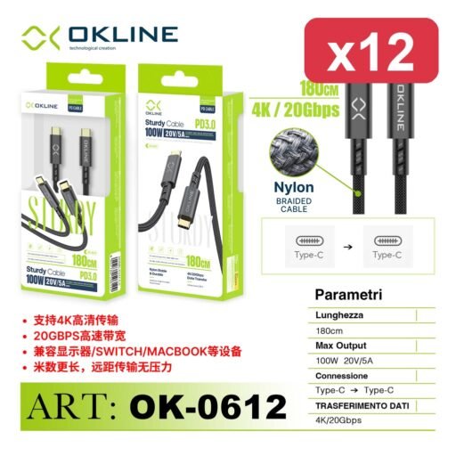 OKLINE CAVO 180 NYLON TYPE-C/TYPE-C 100W