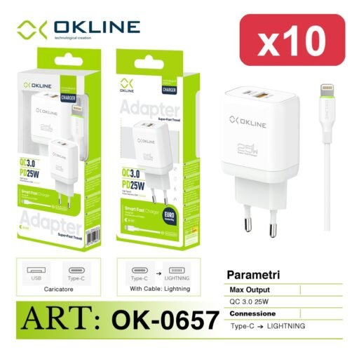 OKLINE CARICATORE PD25W QC3.0 CAVO C-L