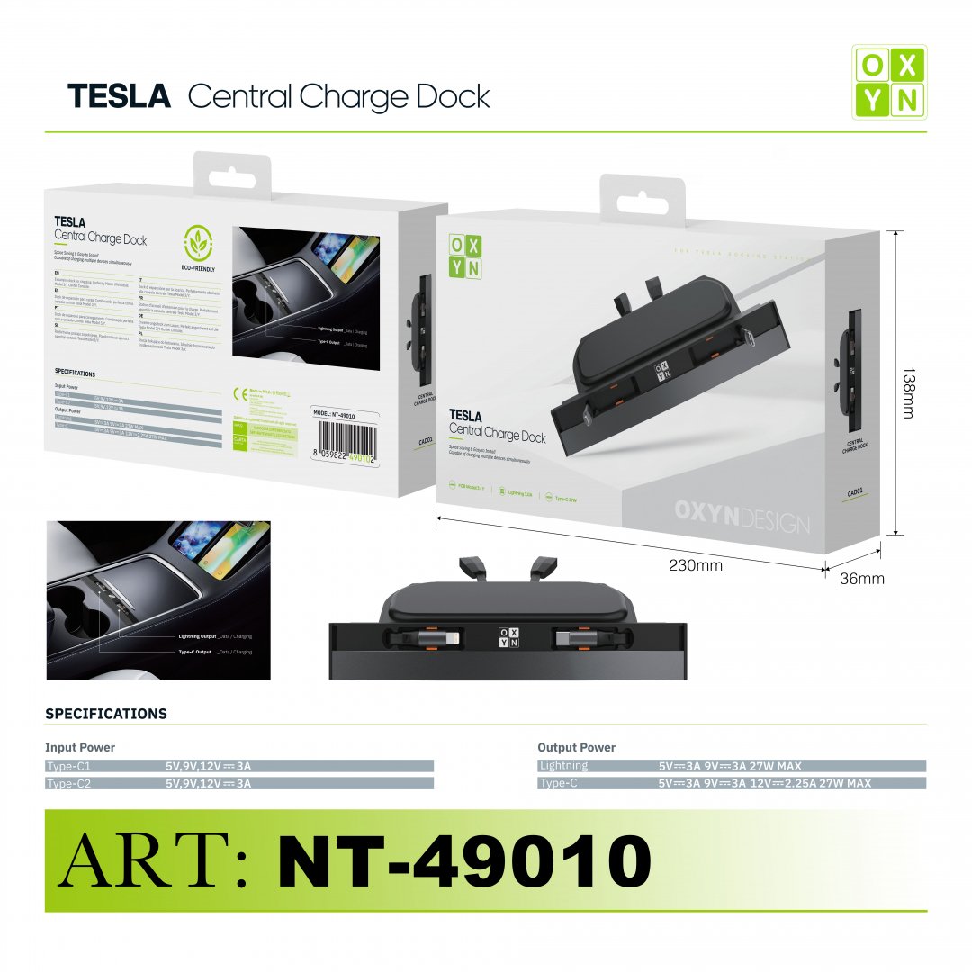 Art.Nt-49010 Oxyn Dock Espansione Ricarica Lightning E Type-C Per Tesla Model 3 Y Nero