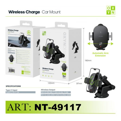 Art.Nt-49117 Oxyn Supporto Auto Ricarica Wireless Ventosa Adesiva Nero