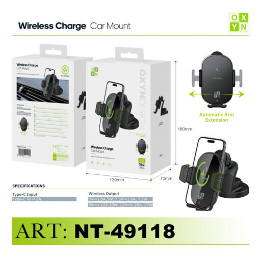 Art.Nt-49118 Oxyn Supporto Auto Ricarica Wireless E Ventosa Adesiva Nero