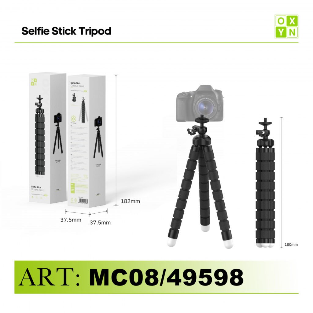 Art.49598 Mc08 Oxyn Selfie Stick Con Treppiede A Spugna Piccolo Nero
