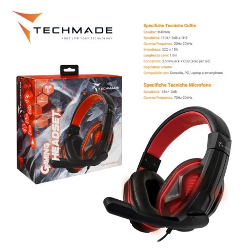TECHMADE CUFFIA GAMING CON LUCE LED 3.5MM