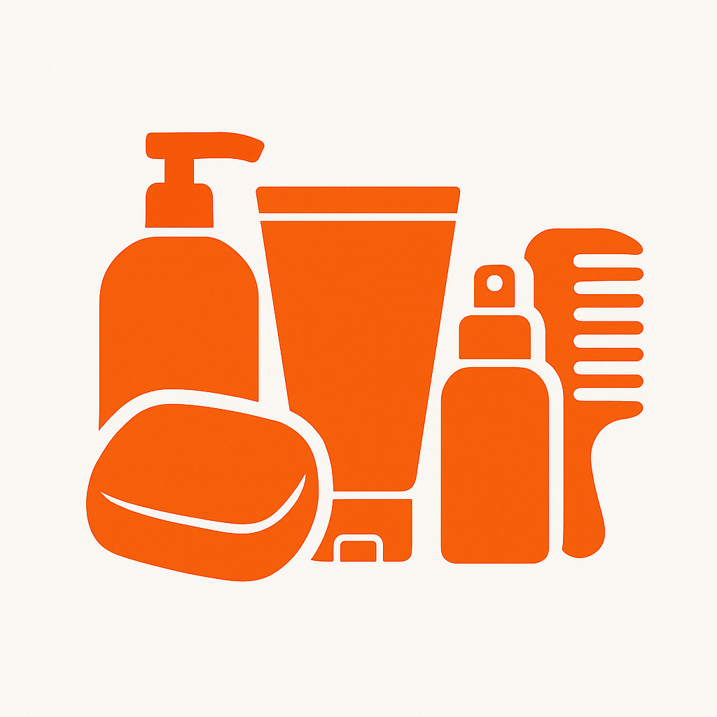 Prodotti per la cura della persona: sapone, shampoo, pettine, crema e flacone spray