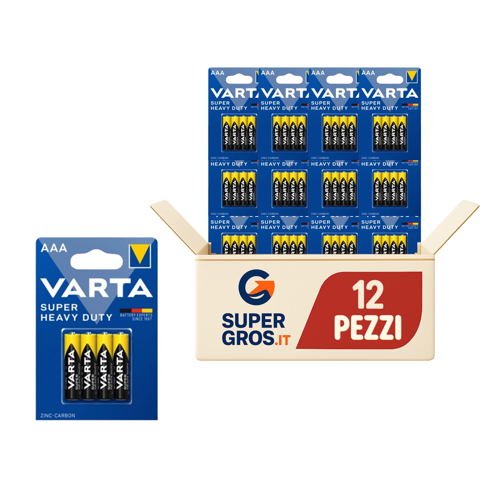 Cartone 12 blister da 4 batterie mini stilo AAA VARTA Super Heavy Duty Zinc Carbon 1,5V R03 (48 pz) EAN 4008496676187